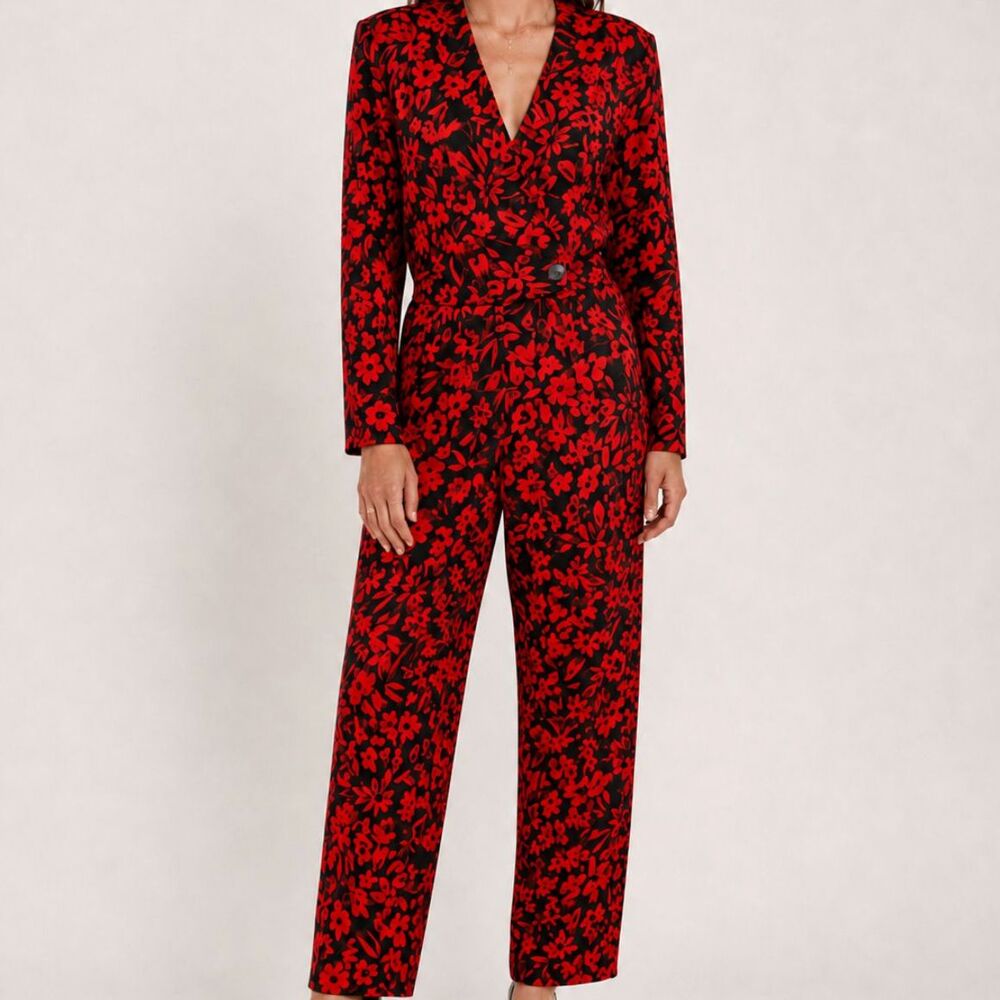 Vintage Red Black Floral Jumpsuit Size Medium